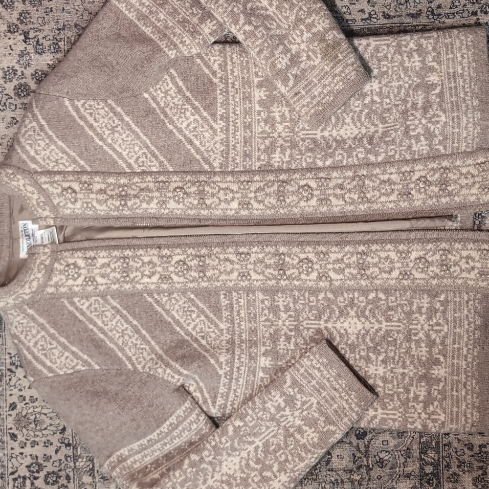 Lambswool Pendleton Beige and Cream Patterned Cardigan Lined Sweater Zip Up Jack